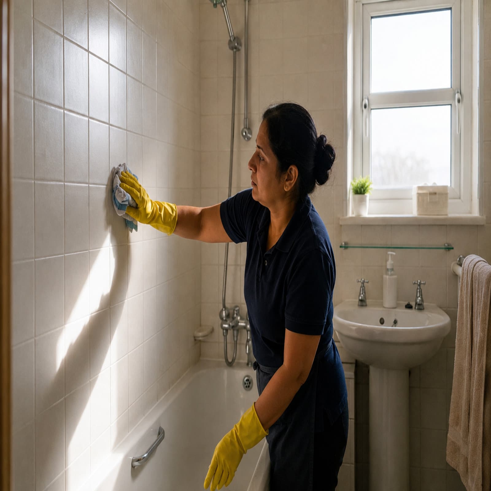 A cleaner in rubber gloves wiping the tiles above a bath.