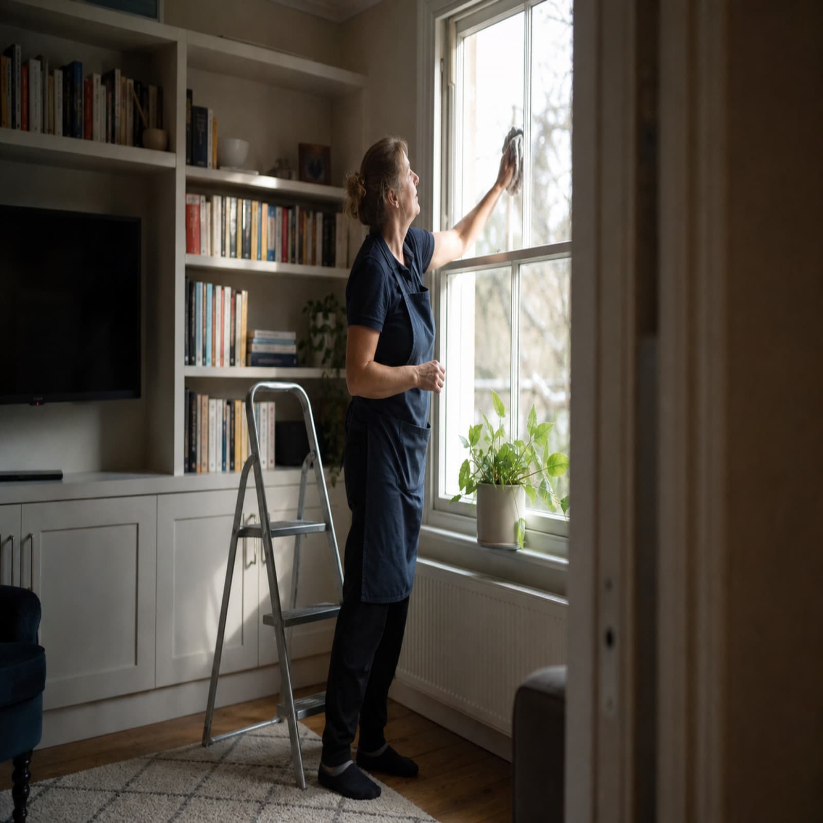 A cleaner wiping the inside of a sash window in a room with alcove bookshelves.