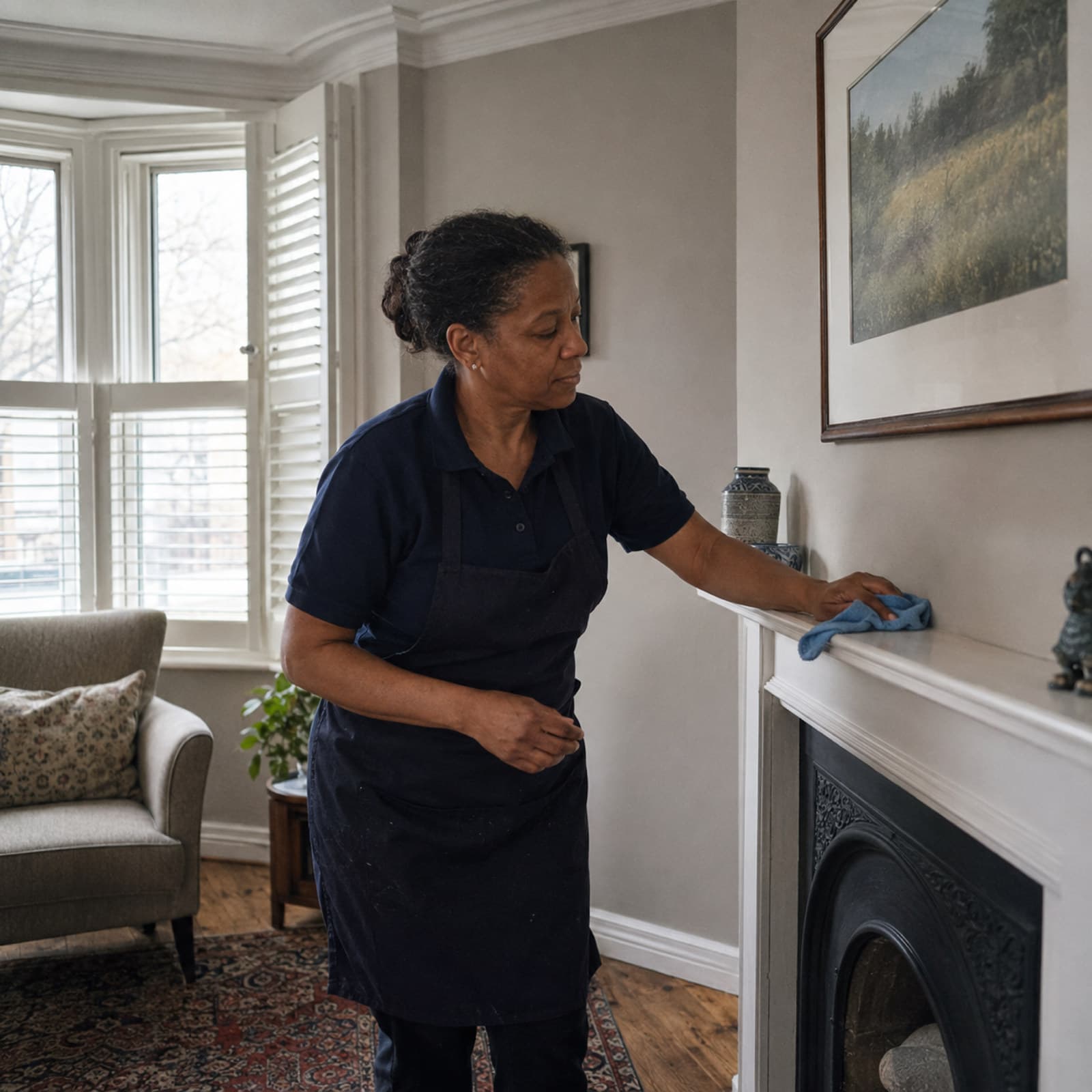 A cleaner dusting a mantelpiece in a front room with a bay window.