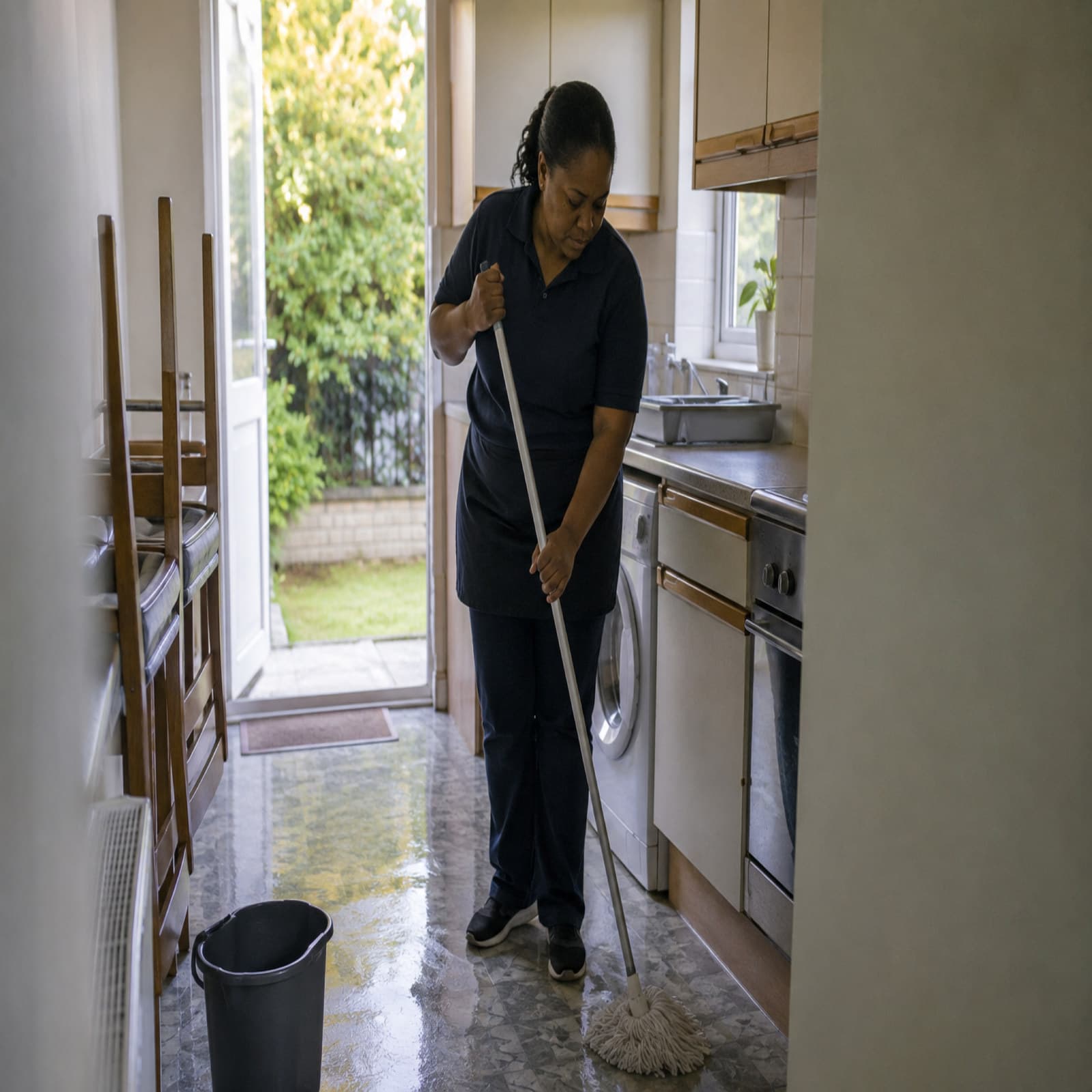 A cleaner mopping a kitchen floor with the chairs stacked out of the way.