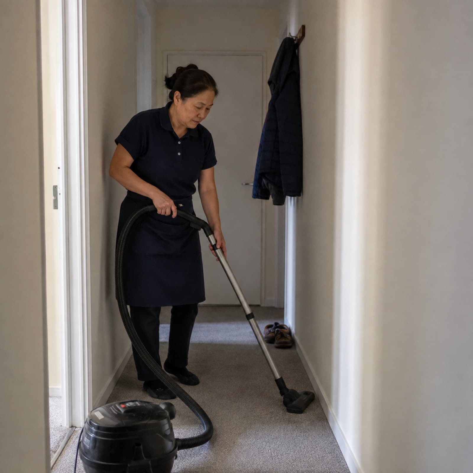 A cleaner vacuuming a narrow flat hallway past a coat on a hook.