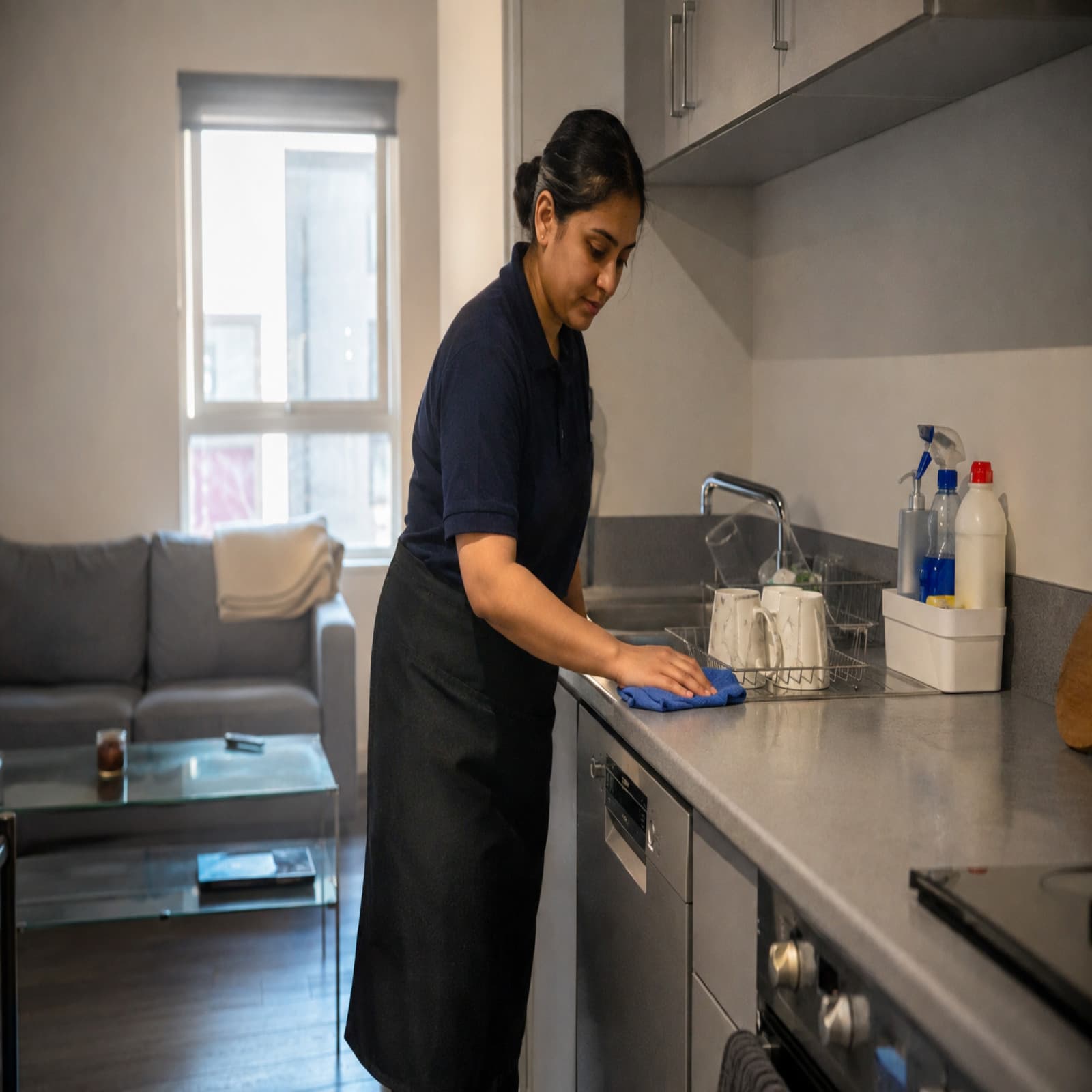 A cleaner wiping down a kitchen counter in a small flat.