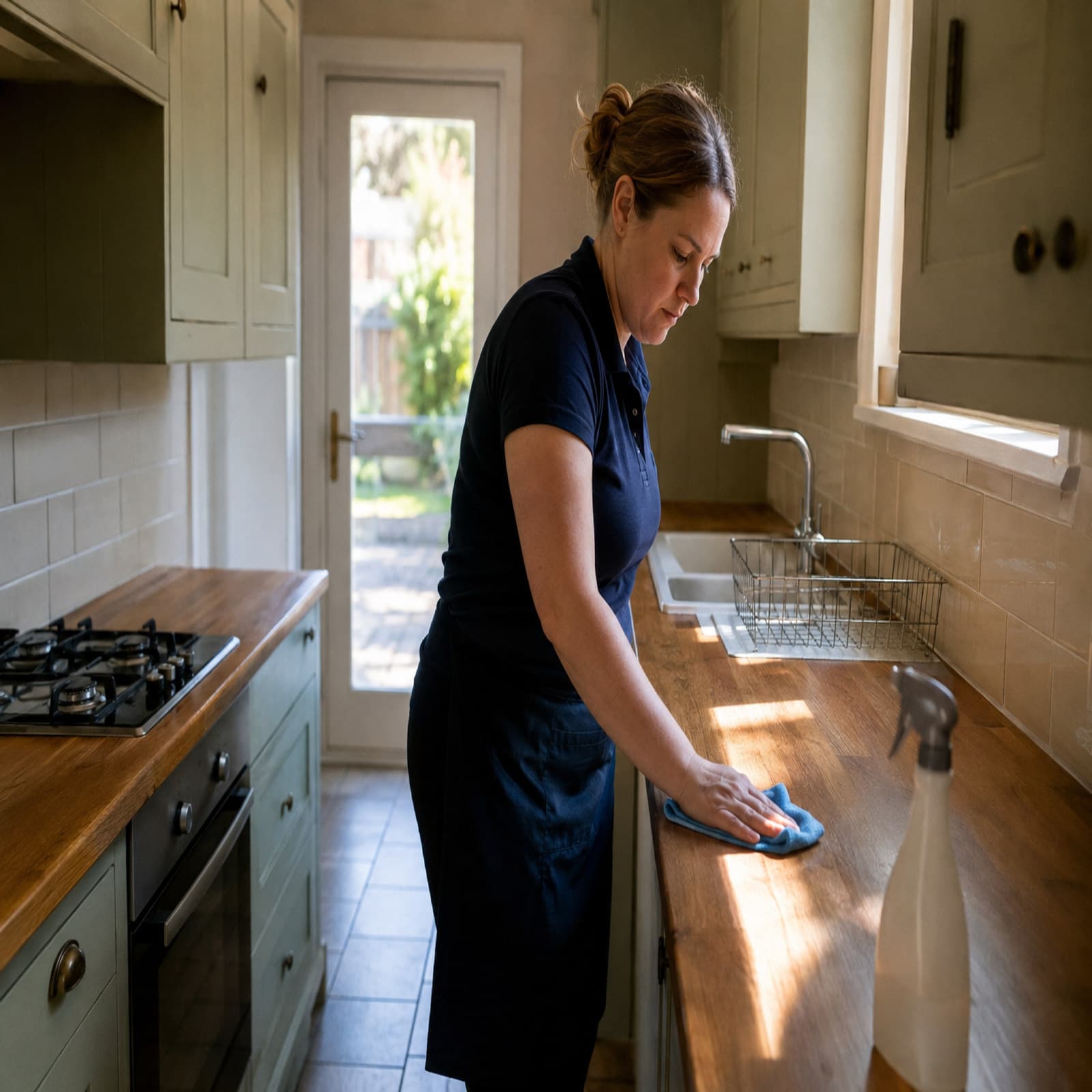 A cleaner wiping down a kitchen worktop beside an empty dish rack.