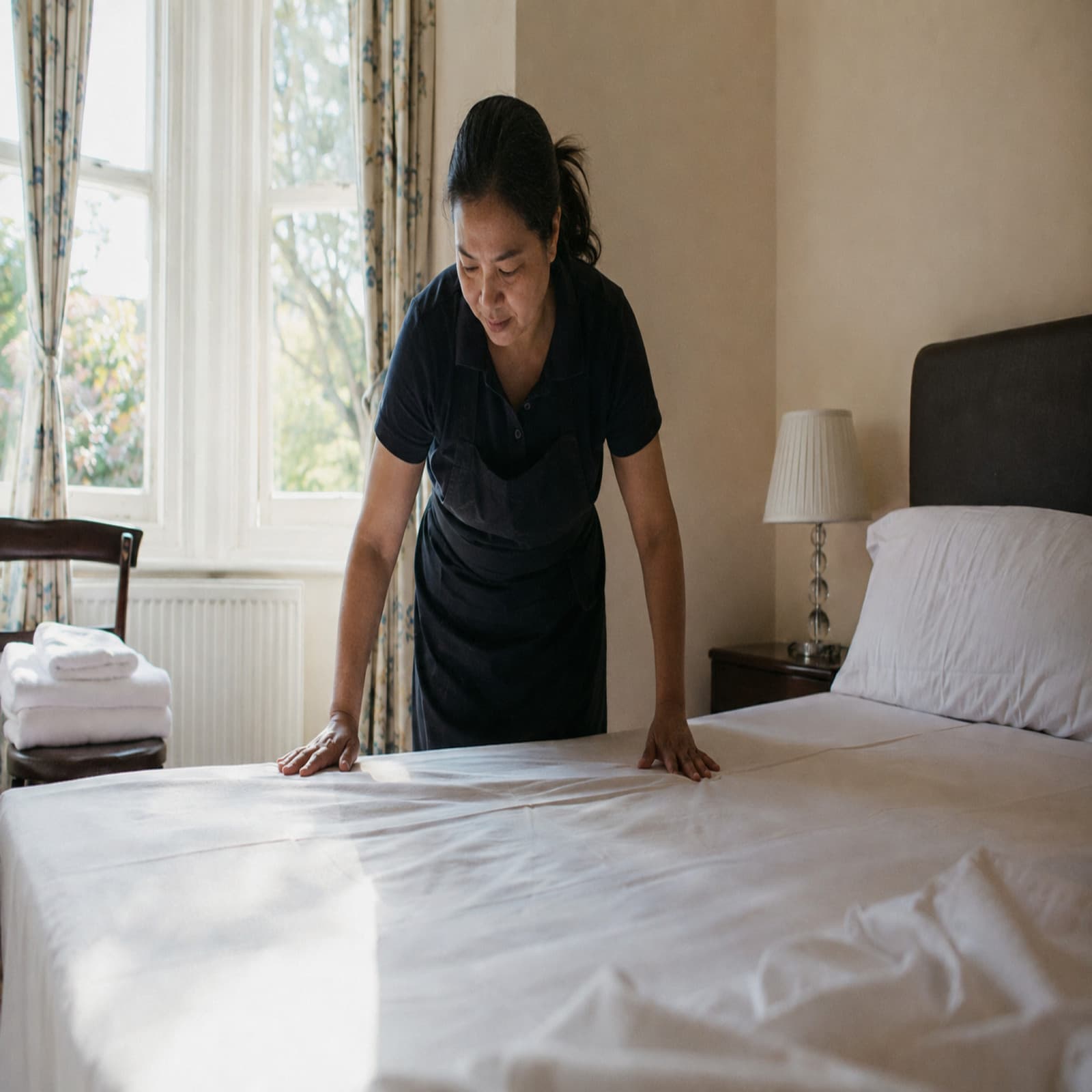 A cleaner making a bed in a bay-window bedroom.