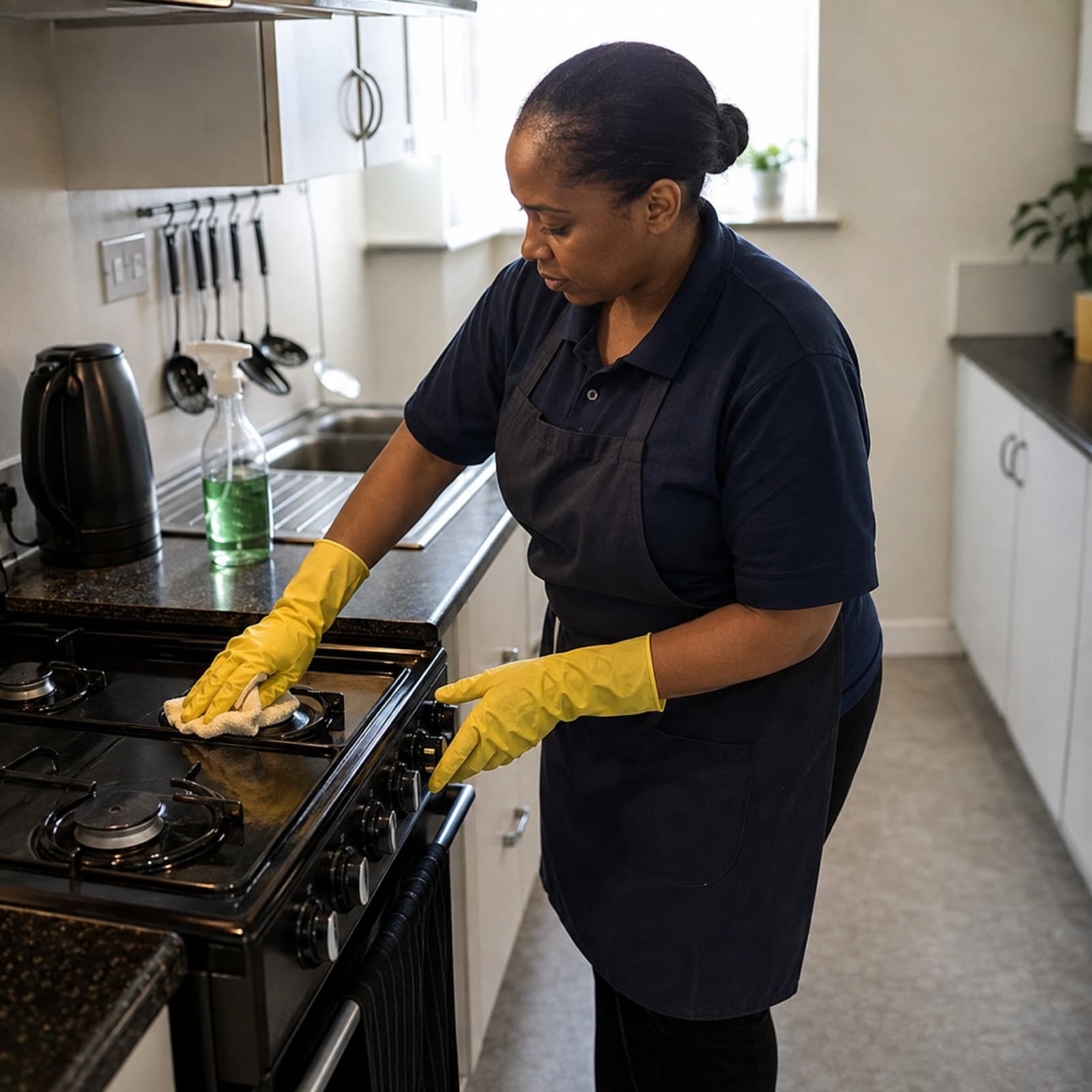 A cleaner wiping the hob of a freestanding cooker in a small kitchen.