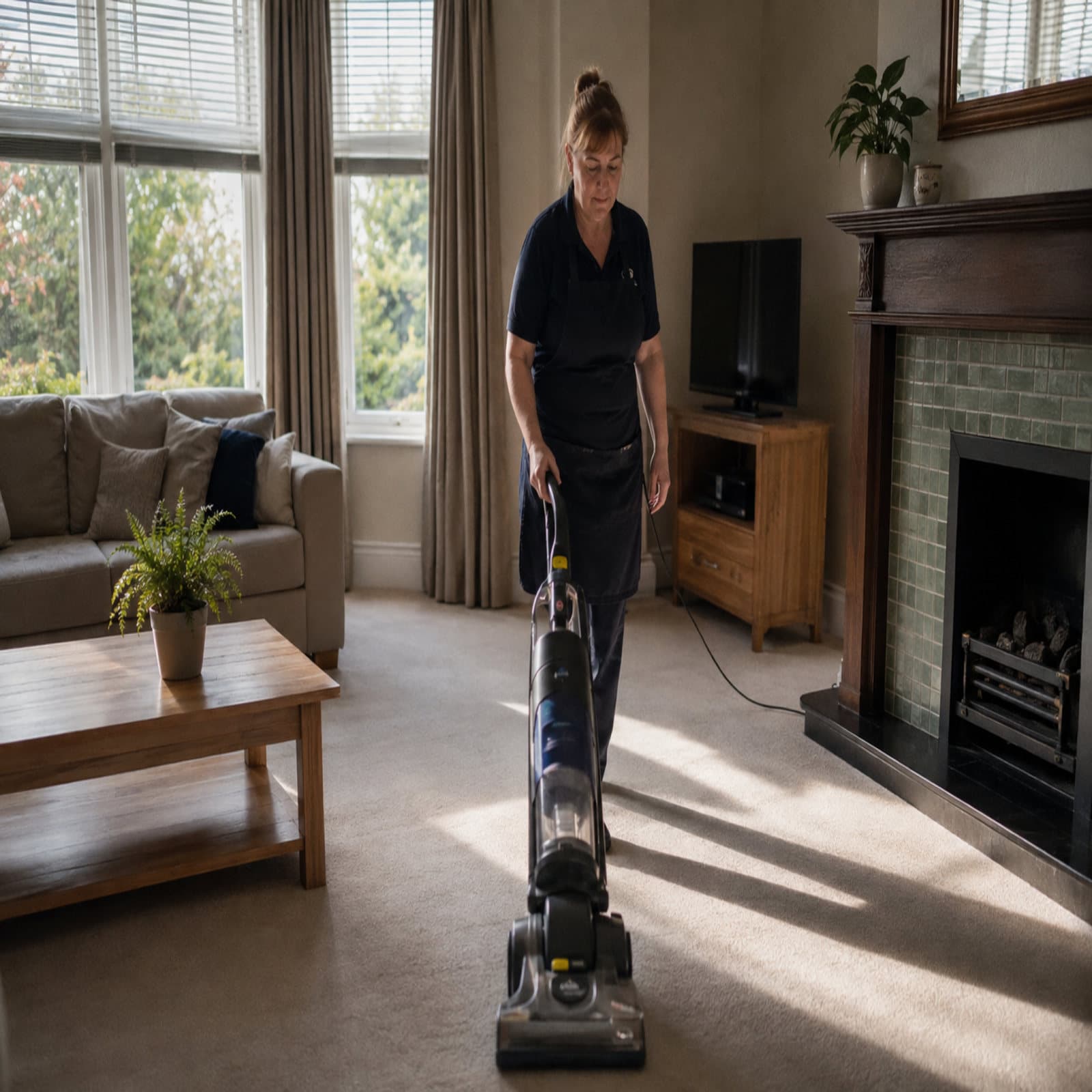 A cleaner vacuuming the carpet in a large living room with a bay window.