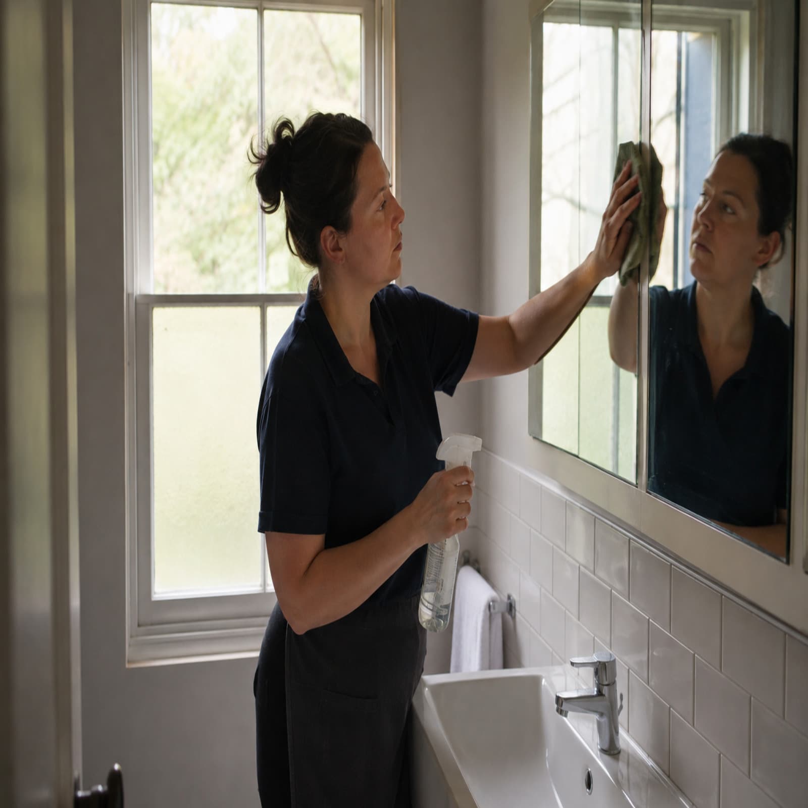 A cleaner wiping a bathroom mirror above a basin.